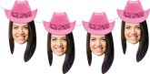 A series of four images showing a woman with a pink cowgirl hat added to her photo, smiling and posing at different angles.